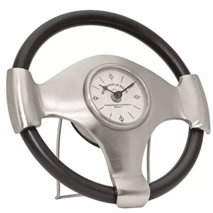 Casa Padrino Tischuhr in Lenkradform Silber / Braun  26 cm - Deko Accessoires