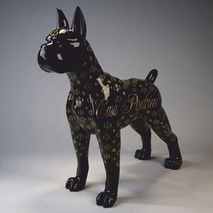 Casa Padrino XXL Deko Skulptur Boxer Hund Schwarz / Gold 190 cm - Riesige Garten Figur CPB
