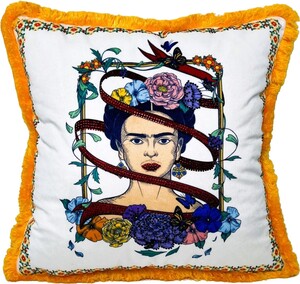 Frida Kahlo by Casa Padrino Luxus Deko Kissen mit Strass Steinen Wei / Bunt / Orange
