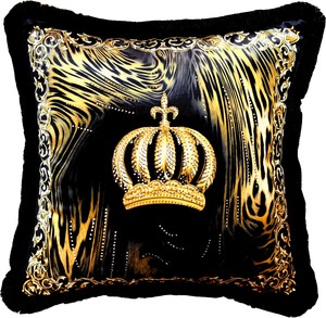 Harald Gl��ckler Luxus Deko Kissen Pomp��s by Casa Padrino Krone & Flammen mit Strass Steinen Schwarz / Gold - Feinster Samtstoff - Gl��ckler Kissen 