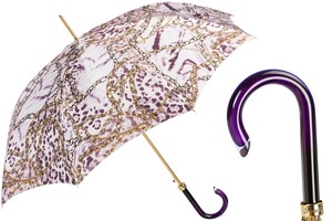 Lila Regenschirm mit Kettenmuster f�r Damen - Automatische �ffnung - 100% Polyester - Griff aus Acetat - Handmade in Italy