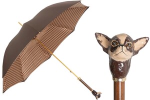 Luxus Brauner Chihuahua-Regenschirm f�r Damen - Manuelle �ffnung - 100% Polyester - Griff aus Emailliertem Messing - Handmade in Italy