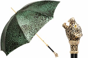 Luxus Gr�n Leopardisiert Panther-Regenschirm f�r Damen - Manuelle �ffnung - 100% Polyester - Griff aus Emailliertem Messing - Handmade in Italy