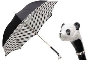 Luxus Panda Regenschirm mit Tupfen f�r Damen - Manuelle �ffnung - 100% Polyester - Griff aus Emailliertem Messing - Handmade in Italy