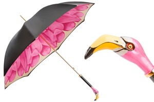 Luxus Regenschirm Damen mit Flamingo - Manuelle �ffnung - 100% Polyester - Griff aus Emailliertem Messing - Handmade in Italy