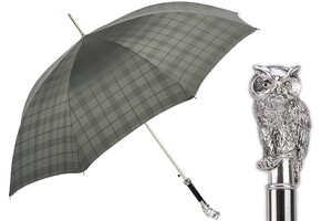 Luxus Regenschirm Herren Eule - Automatische �ffnung - 100% Polyester - Silberfarben Emaillierter Griff aus Harz - Handmade in Italy