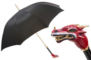Luxus Regenschirm Herren Roter Drache - Automatische �ffnung - 100% Polyester - Griff aus Emailliertem Messing - Handmade in Italy