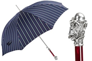 Luxus Regenschirm Herren mit Affe - Automatische �ffnung - 100% Polyester - Silberfarben Emaillierter Griff aus Harz - Handmade in Italy