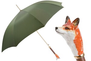 Luxus Regenschirm Herren mit Fuchs - Automatische �ffnung - 100% Polyester - Griff aus Emailliertem Messing - Handmade in Italy