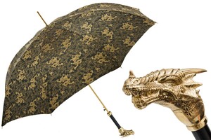 Luxus Regenschirm Herren mit Goldenem Drachen - Automatische �ffnung - 100% Polyester - Messing Griff - Handmade in Italy