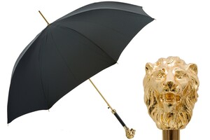 Luxus Regenschirm Herren mit Goldener L�we - Automatische �ffnung - 100% Polyester - Goldfarben Emaillierter Griff aus Harz - Handmade in Italy
