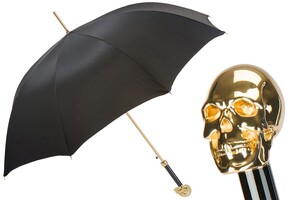 Luxus Regenschirm Herren mit Goldsch�del - Automatische �ffnung - 100% Polyester - Goldfarben Emaillierter Griff aus Harz - Handmade in Italy