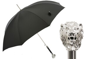 Luxus Regenschirm Herren mit L�we - Automatische �ffnung - 100% Polyester - Silberfarben Emaillierter Griff aus Harz - Handmade in Italy
