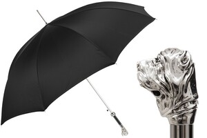 Luxus Regenschirm Herren mit Mastiff - Automatische �ffnung - 100% Polyester - Silberfarben Emaillierter Griff aus Harz - Handmade in Italy