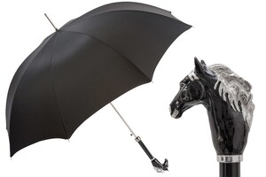 Luxus Regenschirm Herren mit Schwarzes Pferd - Automatische �ffnung - 100% Polyester - Griff aus Emailliertem Messing - Handmade in Italy