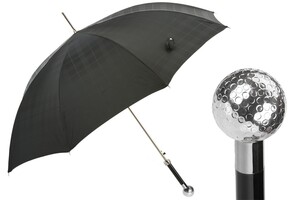 Luxus Regenschirm Herren mit Silber Golfball - Automatische �ffnung - 100% Polyester - Silberfarben Emaillierter Griff aus Harz - Handmade in Italy
