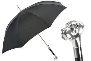 Luxus Regenschirm Herren mit Silber Labrador - Automatische �ffnung - 100% Polyester - Silberfarben Emaillierter Griff aus Harz - Handmade in Italy
