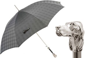 Luxus Regenschirm Herren mit Silberhund - Automatische �ffnung - 100% Polyester - Silberfarben Emaillierter Griff aus Harz - Handmade in Italy