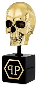 Philipp Plein Luxus Designer Deko Totenkopf Gold / Schwarz H. 20cm - Skull Skulptur aus Marmorsockel