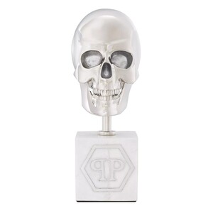 Philipp Plein Luxus Designer Deko Totenkopf Platinfarben / Wei� H. 20cm - Skull Skulptur aus Marmorsockel