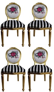 Pomp��s by Casa Padrino Luxus Barock Esszimmerst�hle Pink Lips Schwarz / Wei� Streifen / Gold - Pomp��se Barock St�hle designed by Harald Gl��ckler - 4 Esszimmerst�hle