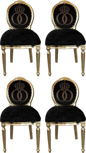 Pomp��s by Casa Padrino Luxus Barock Esszimmerst�hle Kunstfell Schwarz / Gold Krone mit Glitzersteinen 50 x 60 x H. 104 cm - Pomp��se Barock St�hle designed by Harald Gl��ckler - 4 Esszimmerst�hle