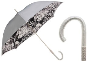 Regenschirm Damen Animalier mit silbernen Rosen - Manuelle �ffnung - 100% Polyester - Griff aus Acetat - Handmade in Italy