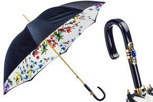 Regenschirm Damen Blau mit Blumen - Manuelle �ffnung - 100% Polyester - Griff aus Acetat - Handmade in Italy