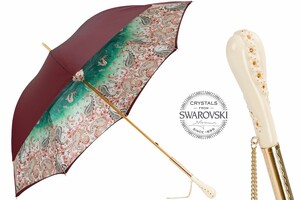 Regenschirm Damen Paisley Burgund, Doppelgewebe - Manuelle �ffnung - 100% Polyester - Griff mit Swarovski�-Kristallen - Handmade in Italy