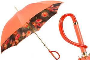 Regenschirm Damen mit Orangen Blumen, Doppelgewebe - Manuelle �ffnung - 100% Polyester - Griff aus Acetat - Handmade in Italy