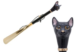 Schuhanzieher Schwarze Katze - Buchenholz-Stange, Schaufel aus ABS, Griff aus Emailliertem Messing - Handmade in Italy