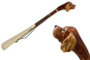 Schuhanzieher mit Cocker - Buchenholz-Stange, Schaufel aus ABS, Griff aus Emailliertem Messing - Handmade in Italy