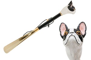 Schuhanzieher mit Franz�sische Bulldogge - Buchenholz-Stange, Schaufel aus ABS, Griff aus Emailliertem Messing - Handmade in Italy
