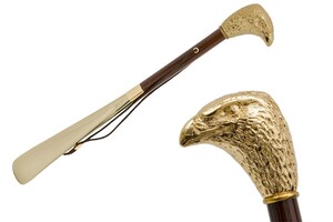 Schuhanzieher mit Goldfarben Adler und Braun Stange - Buchenholz-Stange, Schaufel aus ABS, Goldfarben Emaillierter Griff aus Harz - Handmade in Italy