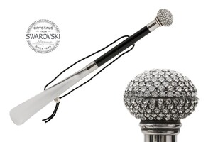 Schuhanzieher mit Luxus-Knauf mit Swarovski�-Kristallen - Buchenholz-Stange, Schaufel aus ABS, Griff mit Swarovski�-Kristallen - Handmade in Italy