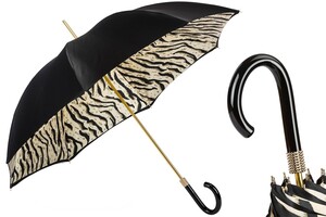 Schwarzer Regenschirm mit Tigermuster, Doppelgewebe f�r Damen - Manuelle �ffnung - 100% Polyester - Griff aus Acetat - Handmade in Italy