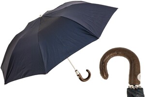 Taschenschirm Herren Faltbarer Regenschirm Braun und Blau mit Strau�enleder - Handmade in Italy