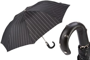 Taschenschirm Herren Faltbarer Regenschirm mit Nadelstreifen und Ledergriff mit Ziern�geln - Handmade in Italy