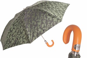 Taschenschirm Herren Tarnen Regenschirm mit Orangefarbener Ledergriff - Handmade in Italy