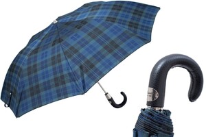 Taschenschirm Herren Tartan Faltbarer Regenschirm mit Ledergriff - Handmade in Italy