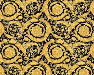 Versace Designer Barock Satintapete Barocco Flowers 935834 Schwarz / Gelbgold - Design Tapete - Deko Accessoires