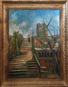 Vintage l Gemlde nach Vincent van Gogh Landscape with Mill 62,25 x H. 76,5 cm - Authentisches Antik Gemlde nach Original - Handgemalt