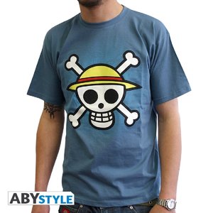 One Piece T-Shirt: Skull with Map Herren T-Shirt (Blau) Größe M