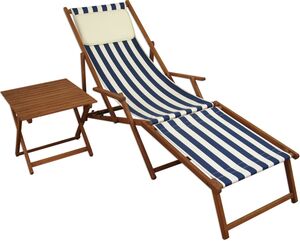 Gartenliege blau-wei Futeil Tisch Kissen Deckchair Holz Liegestuhl Sonnenliege 10-317 F T KH