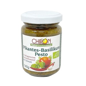 CHIRON Naturdelikatessen Bio Pikantes-Basilikum Pesto (kbA) - Intensive Aromen in einem 140g-Glas fr Gourmet-Genuss