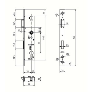 Rohrrahmenschloss Scuteus PZ - Entfernung 92 mm - Nuss 8 mm - Edelstahl-Stulp 24 x 255 x 3 mm - 1-tourig mit Fallenverriegelung
