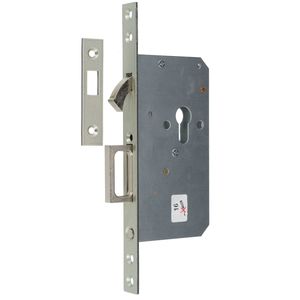 Schiebet�rschloss mit Zirkelriegel und Springgriff, PZ, Dornma� 55, Stulpe 20 x 255 mm kantig, mit Schlie�blech