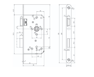 Zimmert�rschloss Buntbart - 72 mm Entfernung - Dornma� 55 mm - DIN rechts - Stulp 20 x 235 mm - 2-tourig silber lackiert kantig