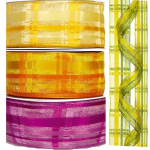 25m Dekoband Schleifenband Band Karo Taft Organza Drahtkante 25mm vanilla gelb