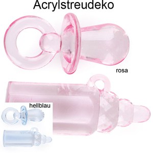 90 Streuteile Schnuller 3cm + Flasche 3,5cm Acryl Baby Taufe Geburt blau o. rosa